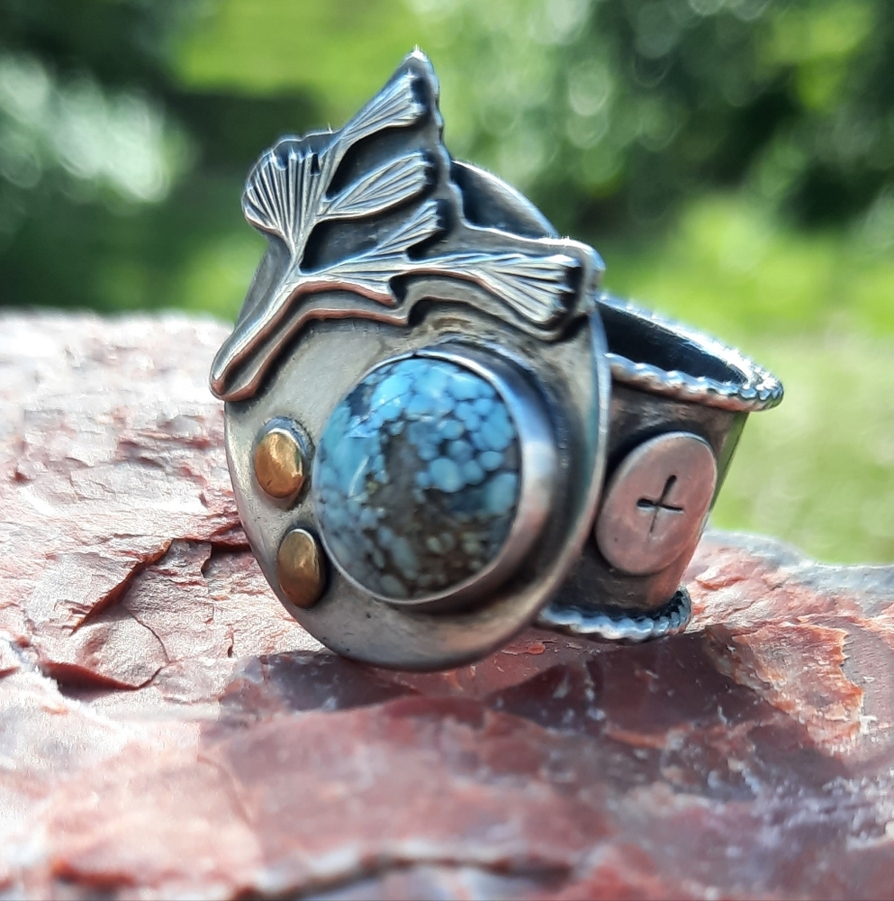 Silver and Turquoise Stone Ring With Gold Accent - Picture 3 of 5